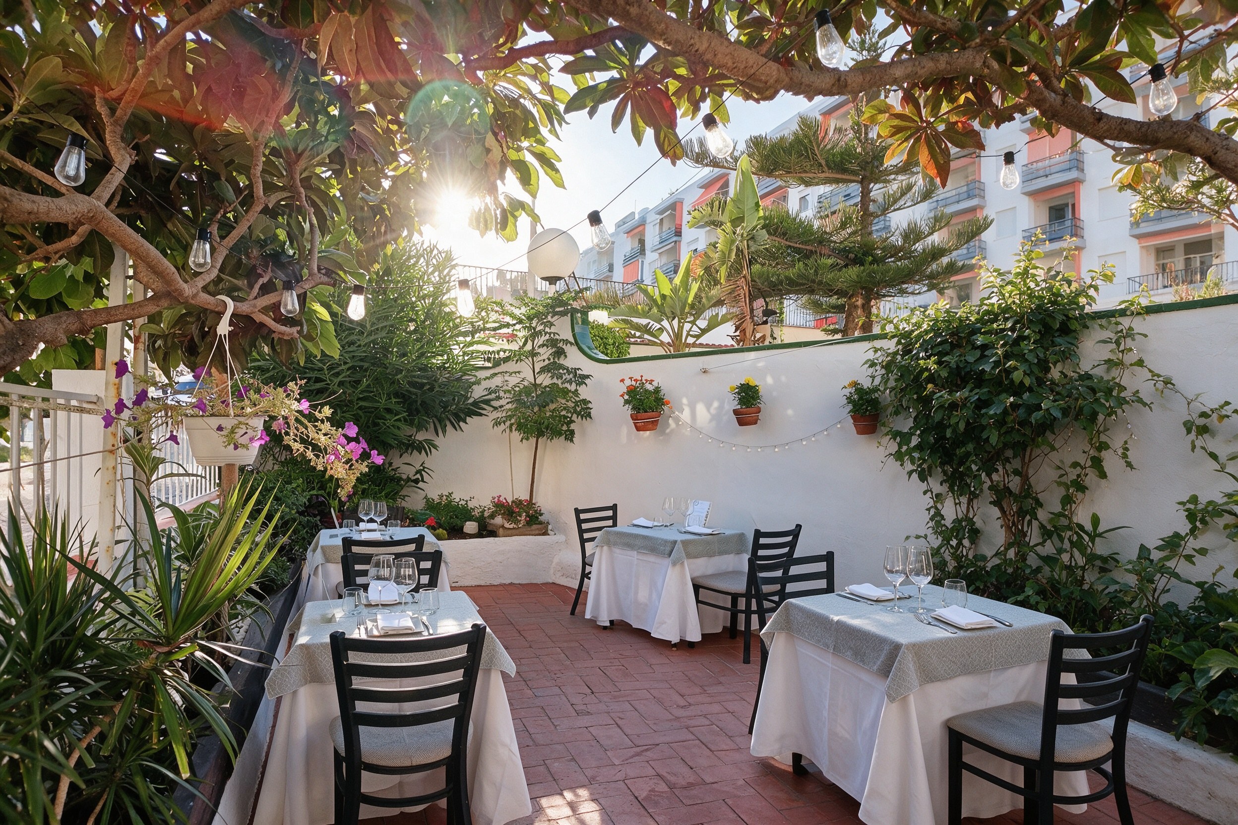Terraza-jardín con mesas de mantel blanco, sillas oscuras y plantas tropicales y flores