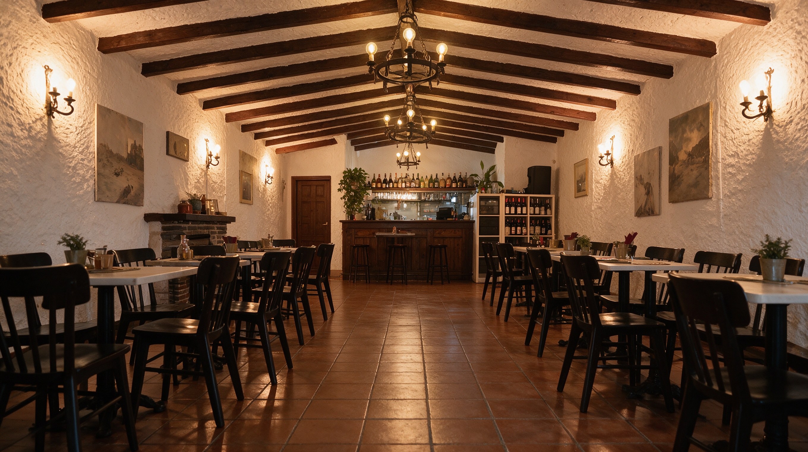 Interior rústico de restaurante con vigas de madera, lámparas cálidas y mesas bien puestas